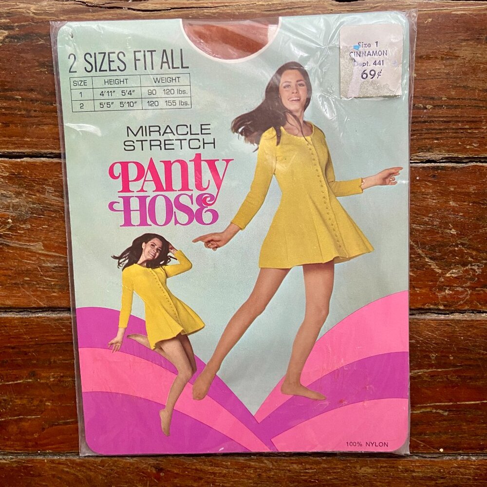 NOS Vintage 60s 70s Miracle Stretch Pantyhose Cinnamon Size 1 Retro Graphics NEW